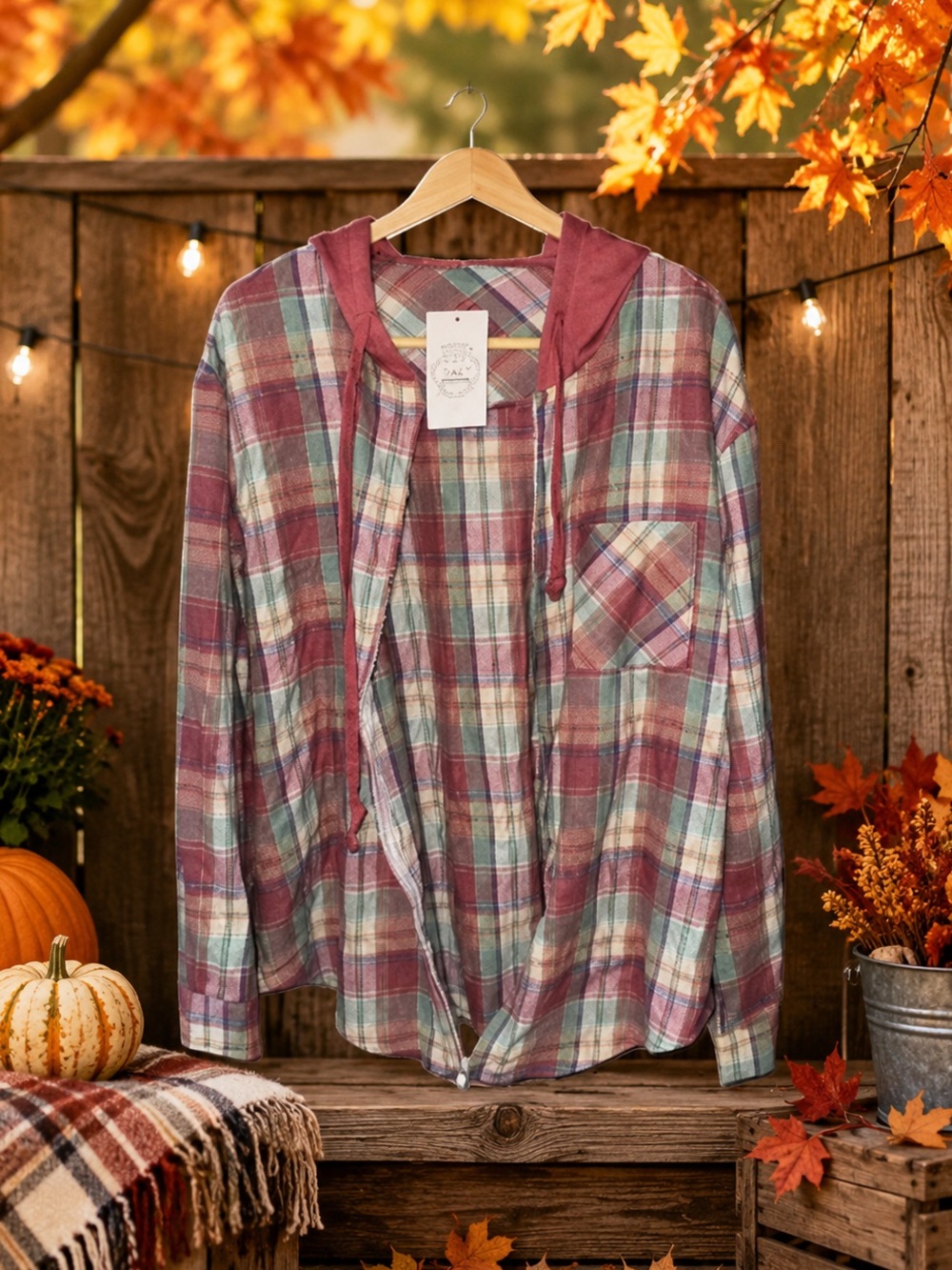 Floral Bloom New with tags! Plaid Button Down Shirt with Hood
